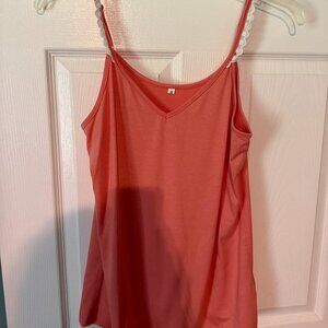 Pretty red tank top with white lace on shoulders in Medium
